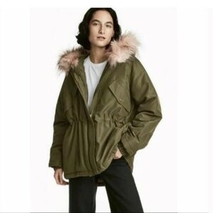 H&M Faux fur hood Olive parka S